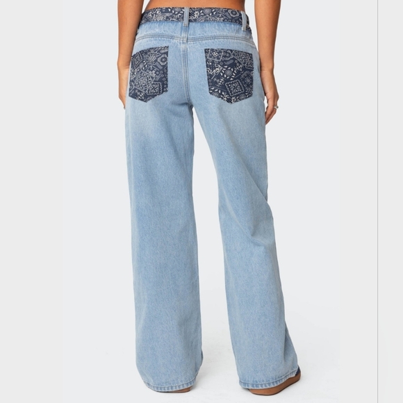 Edikted Denim - Edikted Light Blue Flare Jeans with Dark Patterned Pockets